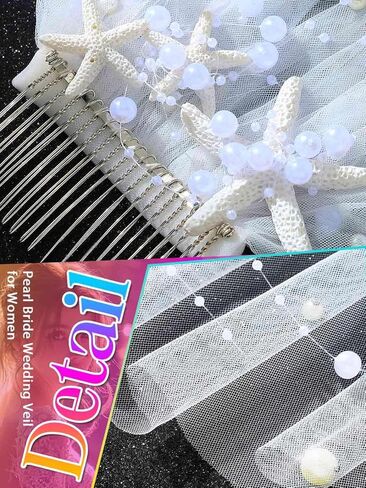EASEDAILY Pearl Bride Wedding Veil White Short Waist Length Starfish Bridal Tulle Veils Hair Accessories for Women with Comb in Saudi Arabia