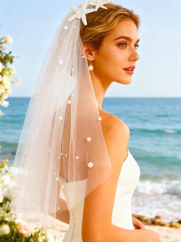 EASEDAILY Pearl Bride Wedding Veil White Short Waist Length Starfish Bridal Tulle Veils Hair Accessories for Women with Comb in Saudi Arabia