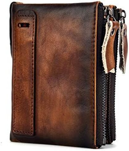 Retro Genuine Leather Wallet for Men Double Zipper Compact RFID Blocking Travel Organizer (Coffee) in Kuwait