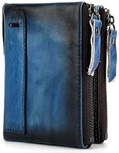 Retro Genuine Leather Wallet for Men Double Zipper Compact RFID Blocking Travel Organizer (Coffee) in Kuwait