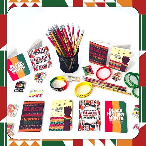 122 قطعة من هدايا الحفلات لشهر التاريخ الأسود، دفاتر الملاحظات السائبة، أقلام الرصاص من السيليكون، ملصقات لشهر التاريخ الأسود، لوازم يوم الحرية الأمريكية الأفريقية in Kuwait