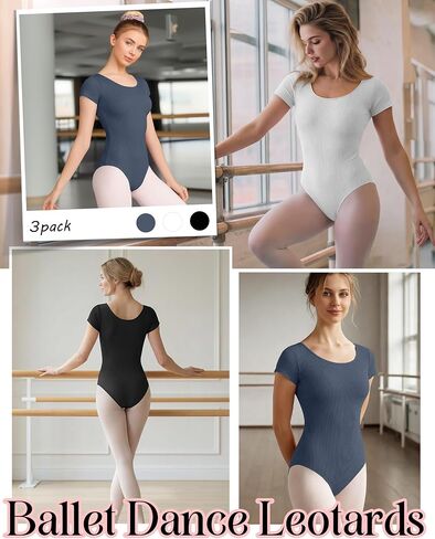 3 Pack Women's Short Sleeve Leotards for Ballet Dance Cotton Crew Neck Gymnastics Adult Bodysuit Ballerina Leotard in Kuwait