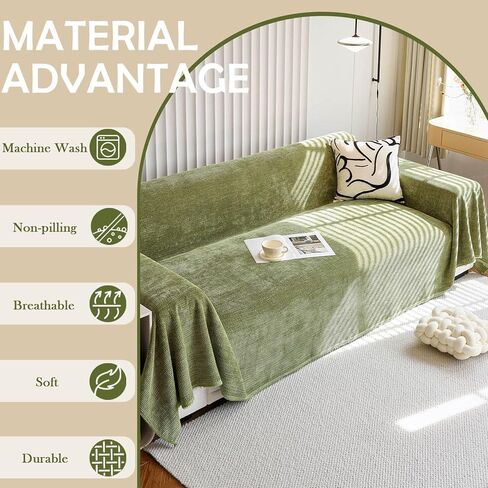 HANDONTIME غطاء أريكة أخضر داكن من قماش الجاكار غطاء أريكة للأريكة، أغطية أريكة لطيفة باللون الأخضر، أغطية أريكة موردن قابلة للغسل لـ 3 وسائد على شكل حرف L، غطاء بطانية ناعمة من الشنيل، ديكور للأريكة، 91 بوصة × 150 بوصة in Kuwait