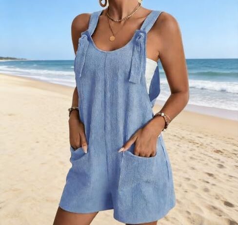 Casual Rompers for Women, Simple Loose Wide Leg Short Jumpsuits with Pockets, Adjustable Tie Strap Summer Sleeveless Overalls in Saudi Arabia