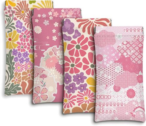 مجموعة حافظات النظارات مكونة من 4 قطع، حافظة نظارات شمسية، حافظة نظارات ناعمة من جلد البولي يوريثان، حقيبة نظارات بنمط الزهور اليابانية الوردية للنساء والرجال، 7.0 × 3.5 بوصة in Kuwait