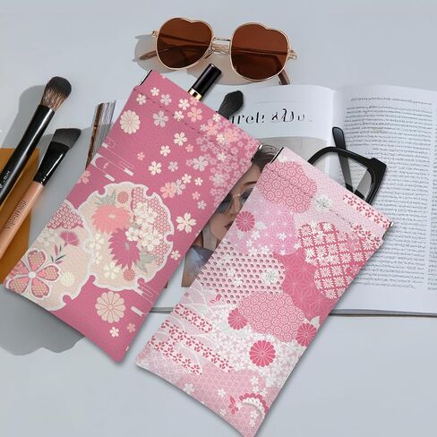 مجموعة حافظات النظارات مكونة من 4 قطع، حافظة نظارات شمسية، حافظة نظارات ناعمة من جلد البولي يوريثان، حقيبة نظارات بنمط الزهور اليابانية الوردية للنساء والرجال، 7.0 × 3.5 بوصة in Kuwait