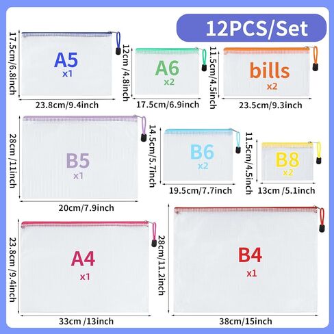 12pcs Mesh Zipper Pouch Bags, 8 Size Zipper Bags for Organizing,Mesh Bags with Zipper, Waterproof File Bags for School, Puzzles, Cosmetics, Travel Accessories, Board Games Office Supplies in Kuwait