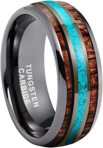 TUTISS 8mm Silver Black and Gunmetal Tungsten Rings for Men Women Wedding Bands Crushed Turquoise Koa Wood Inlay Domed Polished Comfort Fit in Saudi Arabia