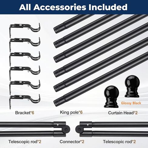 قضبان ستارة نافذة الخليج مقاس 1 بوصة قضيب ستارة زاوية معدني مقاوم للصدأ للنوافذ 59-184 بوصة قضيب على شكل حرف U قابل للتعديل - حل زاوية قابل للطي للنوافذ على شكل خليج/صندوق/U (أسود غير لامع) in Kuwait