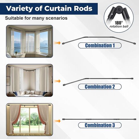 قضبان ستارة نافذة الخليج مقاس 1 بوصة قضيب ستارة زاوية معدني مقاوم للصدأ للنوافذ 59-184 بوصة قضيب على شكل حرف U قابل للتعديل - حل زاوية قابل للطي للنوافذ على شكل خليج/صندوق/U (أسود غير لامع) in Kuwait