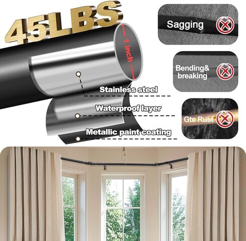 قضبان ستارة نافذة الخليج مقاس 1 بوصة قضيب ستارة زاوية معدني مقاوم للصدأ للنوافذ 59-184 بوصة قضيب على شكل حرف U قابل للتعديل - حل زاوية قابل للطي للنوافذ على شكل خليج/صندوق/U (أسود غير لامع) in Kuwait