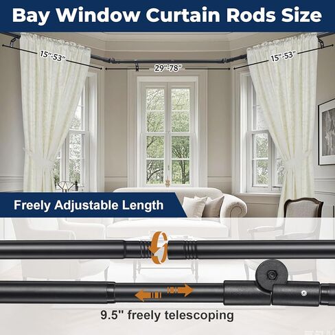 قضبان ستارة نافذة الخليج مقاس 1 بوصة قضيب ستارة زاوية معدني مقاوم للصدأ للنوافذ 59-184 بوصة قضيب على شكل حرف U قابل للتعديل - حل زاوية قابل للطي للنوافذ على شكل خليج/صندوق/U (أسود غير لامع) in Kuwait