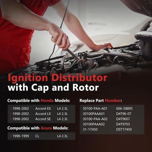 HYR Ignition Distributor with Cap and Rotor Fits Honda 1998-2002 Accord LX EX SE 2.3L, 1998-1999 Acura CL 2.3L, Replaces 30100-PAA-A01 30100-PAA-A02 D4T9703 in Saudi Arabia