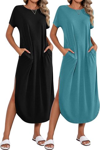 Riyiper 2 Pieces Women's Short Sleeve Maxi Dress Round Neck Casual Loose Split Long Summer Beach Shirt Dress with Pockets in Saudi Arabia