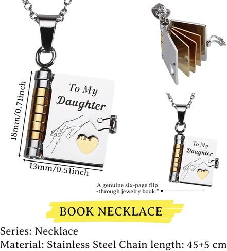 Daughter Book Necklace, Easter Basket Stuffers for Teen Girls, Adult Daughter Gifts from Mom, 21st Birthday Jewelry Necklace for Her, Graduation Gifts for Daughters, Gift for 17 Year Old Girls in Saudi Arabia