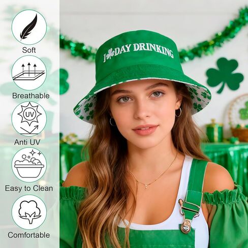 St Patricks Day Hat - Reversible Green Bucket Hat Irish Shamrock Hat Leprechaun Hat St Patricks Hat for Women Men Lucky Hat St Patricks Day Accessories Outfit for St Pattys Day Party Parades in Saudi Arabia