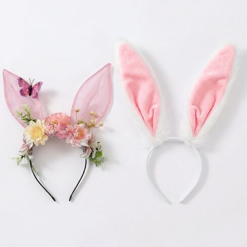 Easter Bunny Ears Headband Set for Women, White Rabbit Ears and Floral Bunny Ears, Cute Easter Costume Accessories for Party, Cosplay, Spring Dress Up in Saudi Arabia