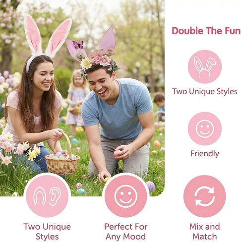 Easter Bunny Ears Headband Set for Women, White Rabbit Ears and Floral Bunny Ears, Cute Easter Costume Accessories for Party, Cosplay, Spring Dress Up in Saudi Arabia