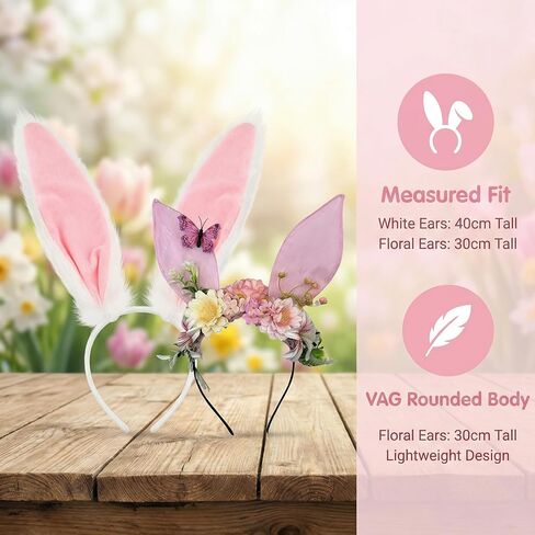 Easter Bunny Ears Headband Set for Women, White Rabbit Ears and Floral Bunny Ears, Cute Easter Costume Accessories for Party, Cosplay, Spring Dress Up in Saudi Arabia