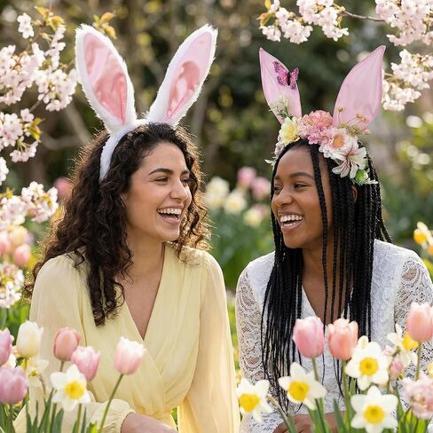 Easter Bunny Ears Headband Set for Women, White Rabbit Ears and Floral Bunny Ears, Cute Easter Costume Accessories for Party, Cosplay, Spring Dress Up in Saudi Arabia