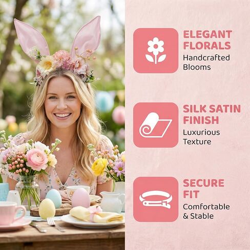 Easter Bunny Ears Headband Set for Women, White Rabbit Ears and Floral Bunny Ears, Cute Easter Costume Accessories for Party, Cosplay, Spring Dress Up in Saudi Arabia