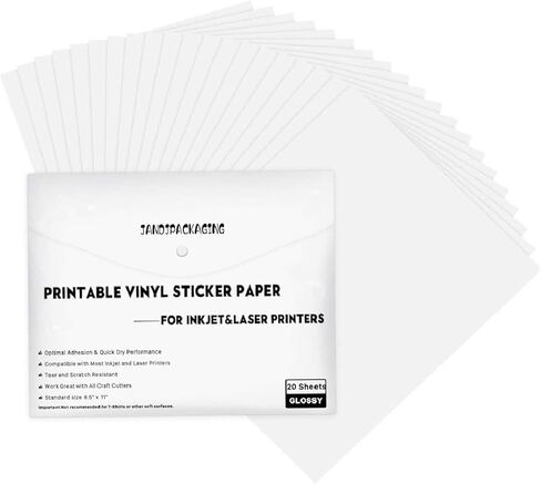 ورق ملصقات فينيل قابل للطباعة للطابعة النافثة للحبر - 20 ورقة مقاس 8.5 × 11 بوصة - صفائح فينيل بيضاء لامعة قابلة للطباعة من JANDJPACKAGING in Kuwait