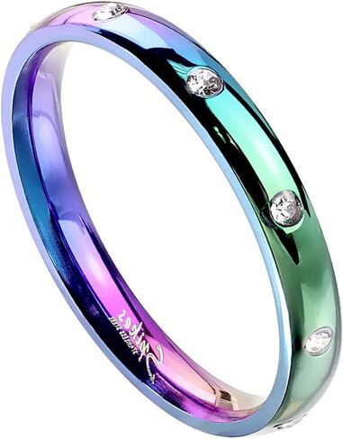 Fantasy Forge Jewelry Rainbow Eternity Anniversary Ring Womens Stainless Steel Cubic Zirconia Wedding Band Size 5-10 in Saudi Arabia