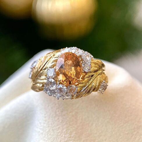Gold Plated Oval Cubic Zirconia Elegant Feather Design Statement Ring Personalized Accessory Ideal for Women's Daily Casual Wear Party Holiday Anniversary Love Jewelry Gift in Saudi Arabia