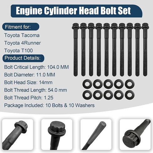 مجموعة مسامير رأس أسطوانة المحرك HBK957 (10 مسامير و10 غسالات) متوافقة مع محركات Toyota Tacoma و4Runner وT100 2.4L و2.7L البديلة ES72182 in Kuwait