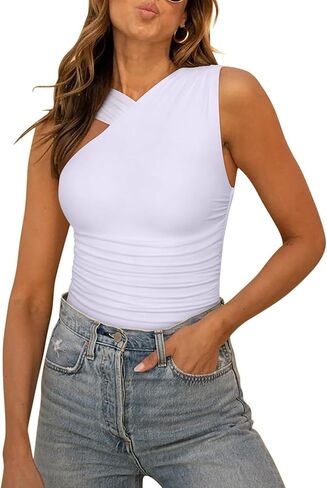 REORIA Womens Sexy Asymmetrical Leopard Print Mesh Ruched Going Out Bodysuits Tank Tops in Saudi Arabia