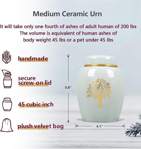 Medium Urns for Human Ashes Adult Male or Famale,Urn for Ashes for Women,Ceramic Tree of Life Keepsake urn,Babies & Pets urn,Holds Up to 45LBS(45Cubic inch)(Velvet Bag Included) in Saudi Arabia
