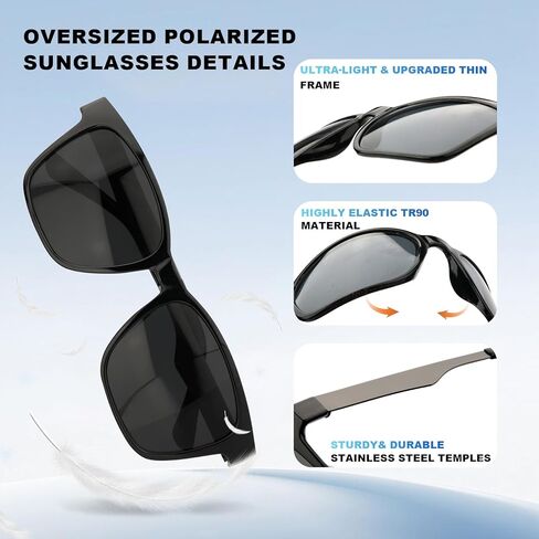 نظارات شمسية مستقطبة كبيرة الحجم للغاية مقاس 158 مم XXL للرجال، مقاومة للخدش/المياه المالحة/عدسة كارهة للزيوت مع الأشعة فوق البنفسجية 400 in Kuwait