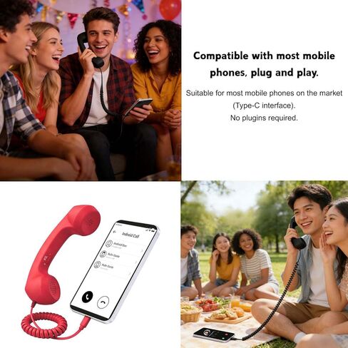 Retro Phone Handset, 2026 New Retro Phone Handset, Type-C Retro Telephone Wired Handsets Style Landline Handle Receiver for Cell Mobile Video Conferences, Calls, Meetings (red,Type-C) in Saudi Arabia