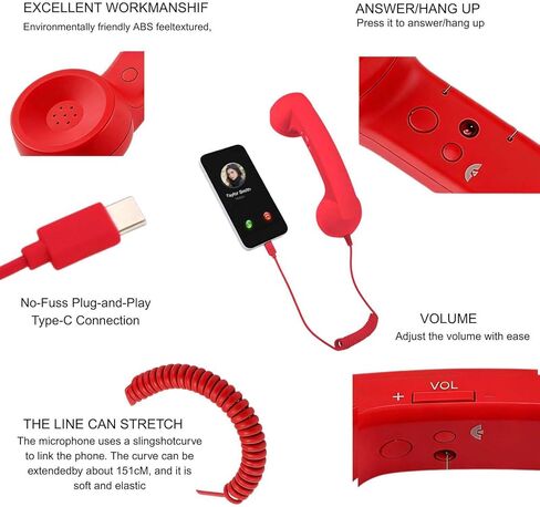 Retro Phone Handset, 2026 New Retro Phone Handset, Type-C Retro Telephone Wired Handsets Style Landline Handle Receiver for Cell Mobile Video Conferences, Calls, Meetings (red,Type-C) in Saudi Arabia