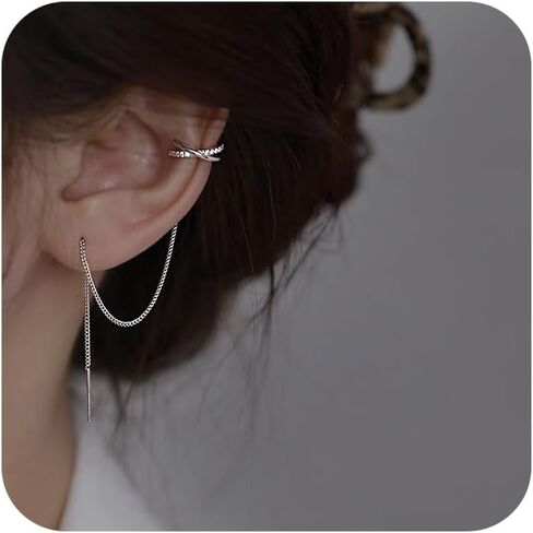 925 Sterling Silver Long Chain Cuff Tassel Earrings Minimalist Statement Fake Earrings for Women No Piercing Cuff Wrap Tassel Clip On Ear Trendy CZ Huggie Cross Hoop Stack Earring in Saudi Arabia