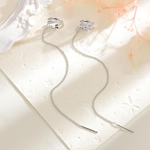 925 Sterling Silver Long Chain Cuff Tassel Earrings Minimalist Statement Fake Earrings for Women No Piercing Cuff Wrap Tassel Clip On Ear Trendy CZ Huggie Cross Hoop Stack Earring in Saudi Arabia