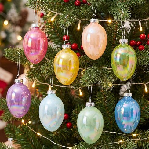 8 Pcs Colorful Glass Easter Egg Ornaments 2.7 Inch Spring Pastel Egg Ornaments Iridescent Opaque Macaron Hanging Easter Tree Decorations for Basket Stuffers Spring Party Bright Color Decor in Saudi Arabia