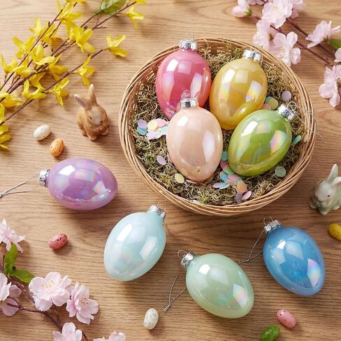 8 Pcs Colorful Glass Easter Egg Ornaments 2.7 Inch Spring Pastel Egg Ornaments Iridescent Opaque Macaron Hanging Easter Tree Decorations for Basket Stuffers Spring Party Bright Color Decor in Saudi Arabia