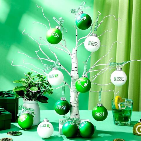 Riceshoot 12 Pcs St. Patricks Day Hanging Ornaments Ball 1.97'' Green White Shamrock Hanging Ornaments Irish Good Luck Clover Ball Decorations for Tree St. Patrick's Day Irish Festival Party Decor in Saudi Arabia