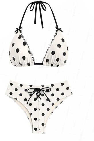 seamoly Crystal Cream Vintage Polka Dot Grommet Lace Up Full Coverage Bikini Set in Saudi Arabia
