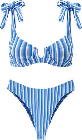 Underwire بيكيني مجموعات للنساء ريترو مخطط تيري محكم ثوب السباحة لطيف Y2K ربطة القوس فيونكة الكتف بِدل السباحة in Kuwait