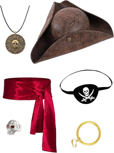 Pirate Tricorn Hat set with Hat Necklace Belt Eyepatch Earrings Ring in Saudi Arabia