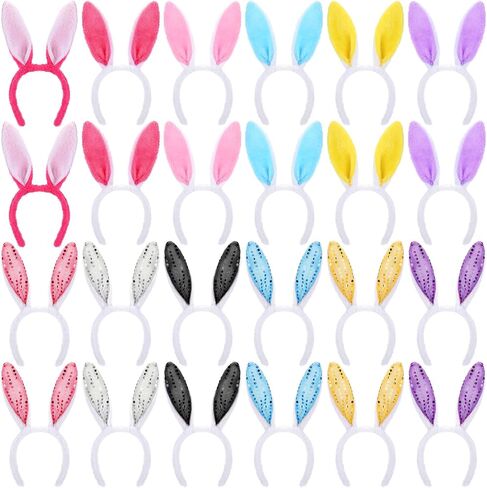 Jexine 24 Pieces Easter Bunny Ears Headband 2 Styles Colorful Plush and Sequin Rabbit Ears Costume Accessories Bunny Headband for Adults Easter Party Favor Cosplay Accessories Decoration in Saudi Arabia