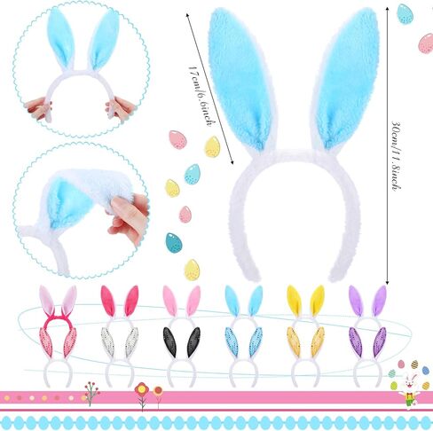 Jexine 24 Pieces Easter Bunny Ears Headband 2 Styles Colorful Plush and Sequin Rabbit Ears Costume Accessories Bunny Headband for Adults Easter Party Favor Cosplay Accessories Decoration in Saudi Arabia