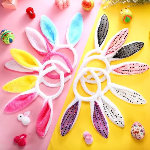 Jexine 24 Pieces Easter Bunny Ears Headband 2 Styles Colorful Plush and Sequin Rabbit Ears Costume Accessories Bunny Headband for Adults Easter Party Favor Cosplay Accessories Decoration in Saudi Arabia