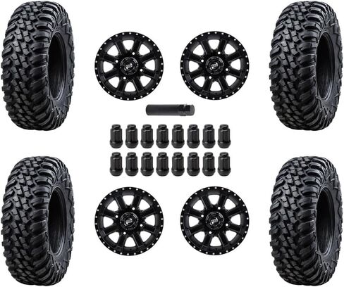 مجموعة Tusk مكونة من إطارات Tusk TERRABITE 8-Ply Radial UTV مقاس 30x10-14 مثبتة على عجلات CASCADE - متوافقة مع نمط مسمار POLARIS ATV/UTV 4/156 - صواميل العروة السوداء (4+3 إزاحة العجلات، أسود غير لامع) in Kuwait