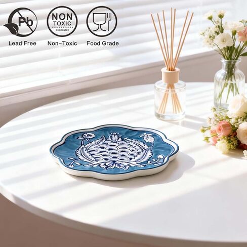 Hand-Painted Blue and White Ceramic Plate 6.7 Inch, Floral Chinoiserie Decorative Plate for Shelf Cabinet, Kitchen Dinnerware Dessert Cheese Sushi Snack Dishes, Great Housewarming Gift in Saudi Arabia