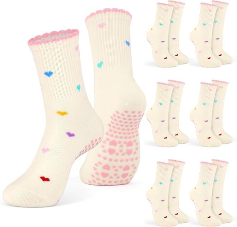 DERTE 6 Pairs Non Slip Pilates Socks for Women Cotton Grip Yoga Sock with Ruffle Cuff Cute Heart Grippy Socks for Barre Ballet Home Workouts in Kuwait