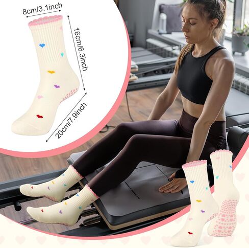 DERTE 6 Pairs Non Slip Pilates Socks for Women Cotton Grip Yoga Sock with Ruffle Cuff Cute Heart Grippy Socks for Barre Ballet Home Workouts in Kuwait