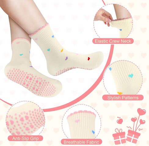 DERTE 6 Pairs Non Slip Pilates Socks for Women Cotton Grip Yoga Sock with Ruffle Cuff Cute Heart Grippy Socks for Barre Ballet Home Workouts in Kuwait